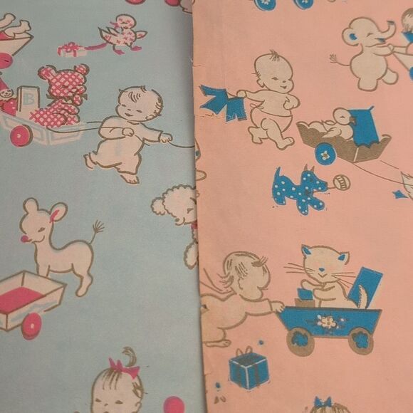 MCM Vintage 50s 60s 70s new baby shower wrapping paper lot - Picture 13 of 16